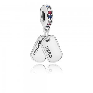 Pandora Charm Hero Dog Tag Dangle Multi Colored CZ Blue Crystals Jewelry