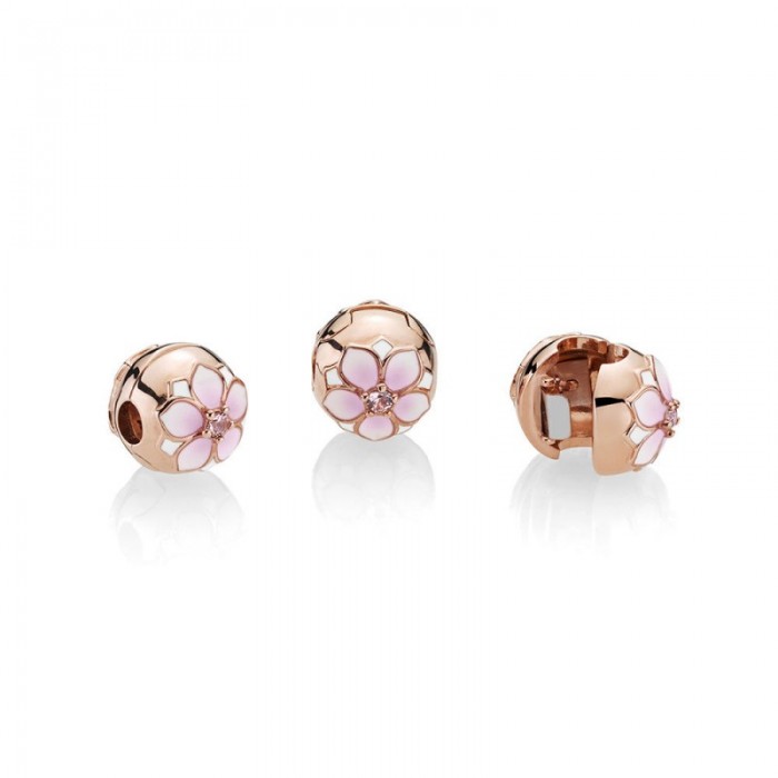 Pandora Charm Magnolia Bloom Clip Rose Blush Pink Crystal Mixed Enamel Jewelry