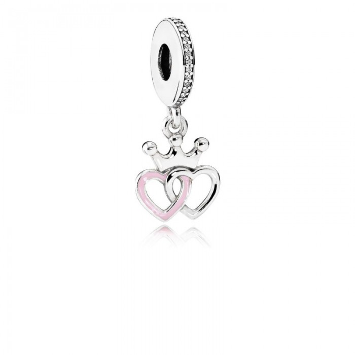 Pandora Charm Crowned Hearts Dangle Orchid Pink Enamel Clear CZ Jewelry