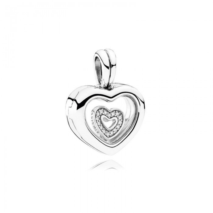 Pandora Charm Floating Heart Locket Sapphire Crystal Glass Clear CZ Jewelry