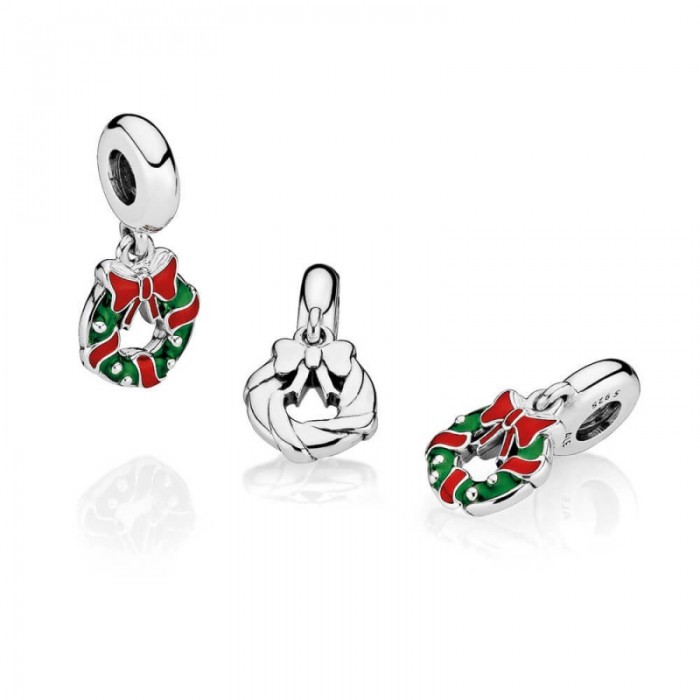 Pandora Charm Holiday Wreath Dangle Berry Red Green Enamel Jewelry