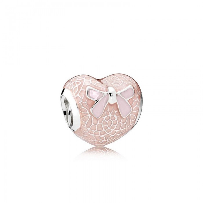 Pandora Charm Pink Bow Lace Heart Transparent Misty Rose Pink Enamel Jewelry