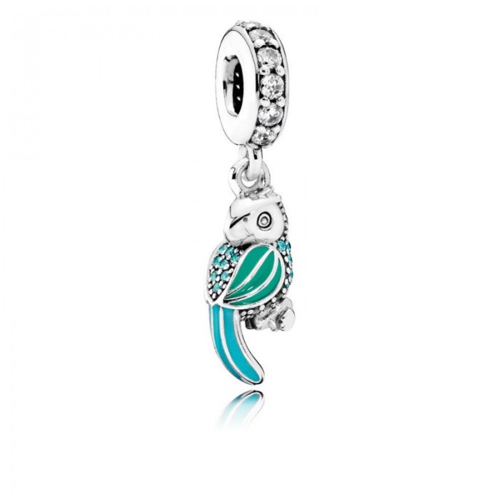 Pandora Charm Tropical Parrot Dangle Mixed Enamels Teal Clear CZ Jewelry