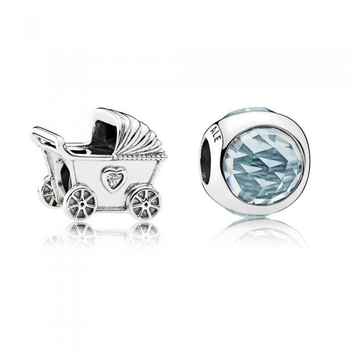 Pandora Charm Blue Baby Pram Baby Cubic Zirconia Silver Jewelry