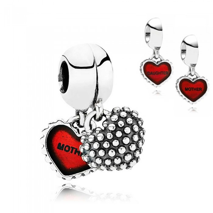 Pandora Charm Mother Daughter Red Heart Family Enamel Jewelry