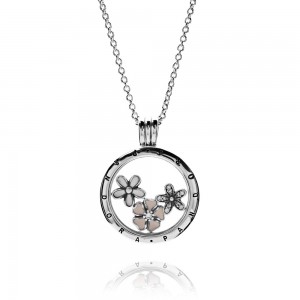 Pandora Necklace Poetic Blooms Petite Memories Floral Locket CZ Jewelry
